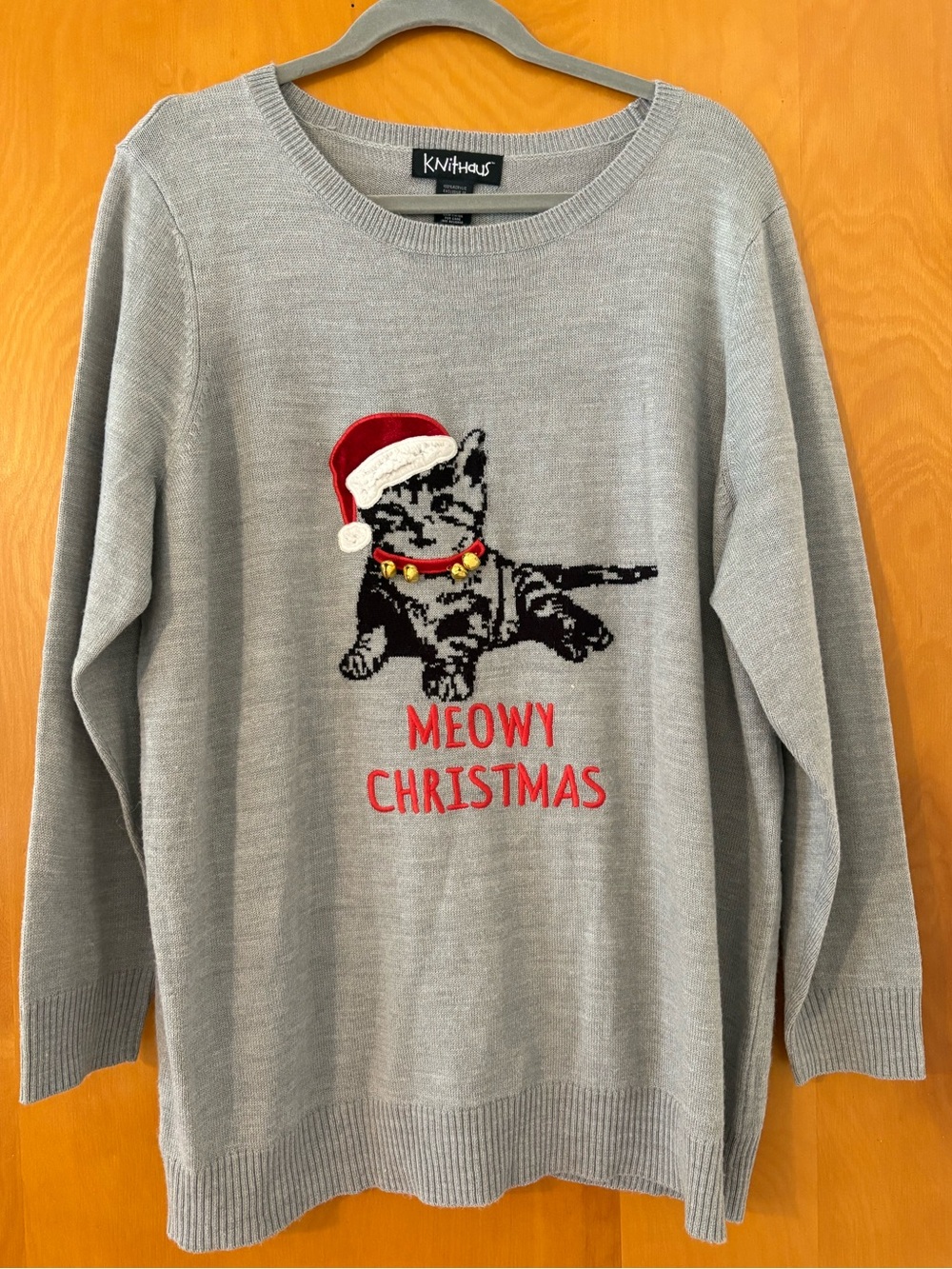 Knithaus Grey "Meowy Christmas" Tabby Cat Holiday Sweater - Size 1X